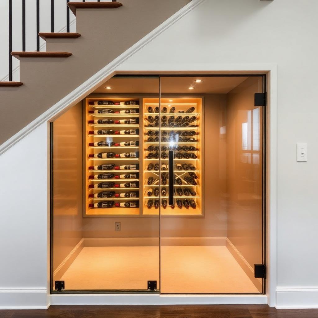 Under-stair glass wine cellar with matte black hardware — Fort Myers install