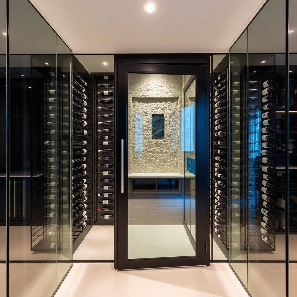 Modern walk-in glass wine room with metal cable racks and stone accent — Naples install